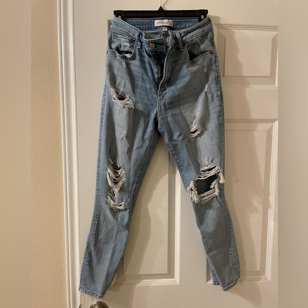 Abercrombie & Fitch Curve Love- Light Blue Distressed Boyfriend Jeans